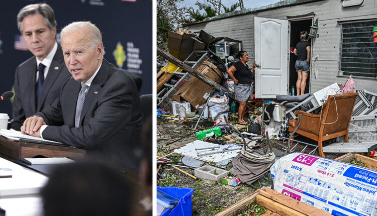Anthony Blinken y Joe Bide del lado izquierdo, del lado derecho vivienda destrozada en Florida por el huracán Ian