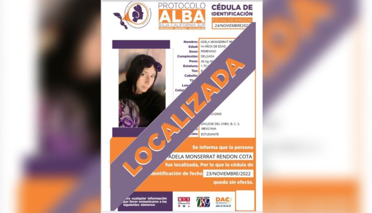 Ficha emitida por la PGJE sobre la localización de Localizan con bien a Adela Monserrat.