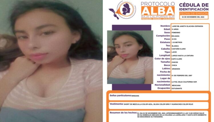 Ficha de búsqueda de Loreymi Janeth Olachea Espinoza de 15 años de edad, desaparecida en La Paz.