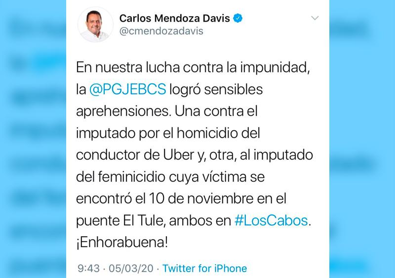 Mendoza Celebra Gobernador aprehensiones por feminicidio y homicidio en Los Cabos