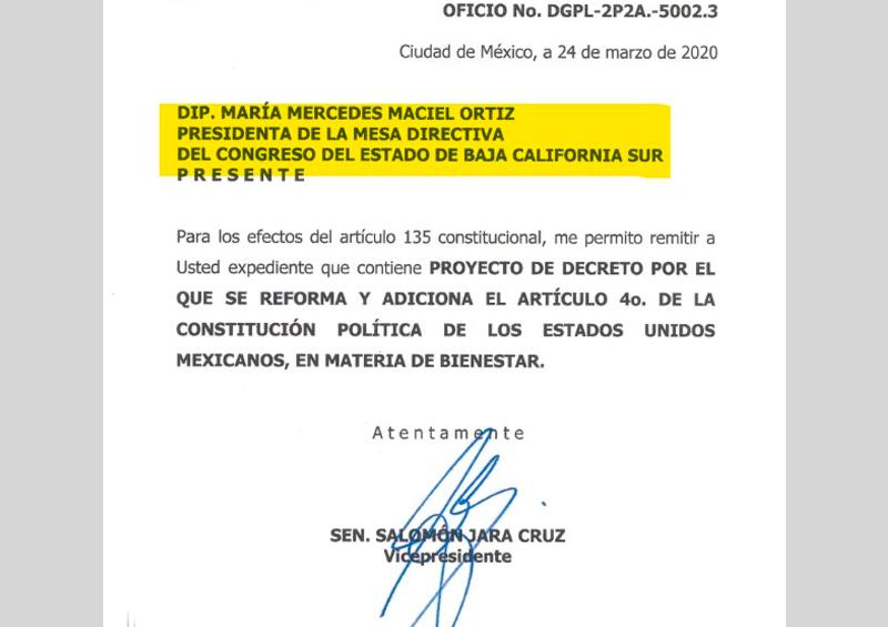 Oficio Reconoce Senado presidencia de Mercedes Maciel en el Congreso de BCS