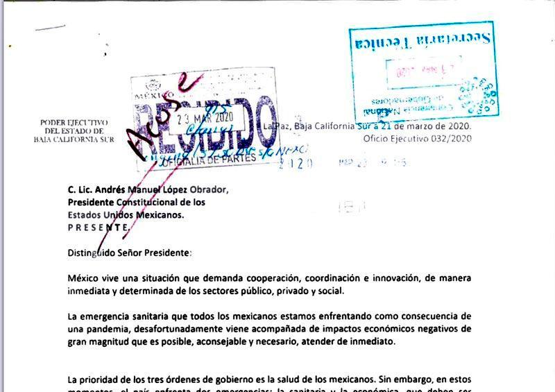 Oficio Solicita Gobernador de BCS reunión entre Conago y AMLO por Covid-19