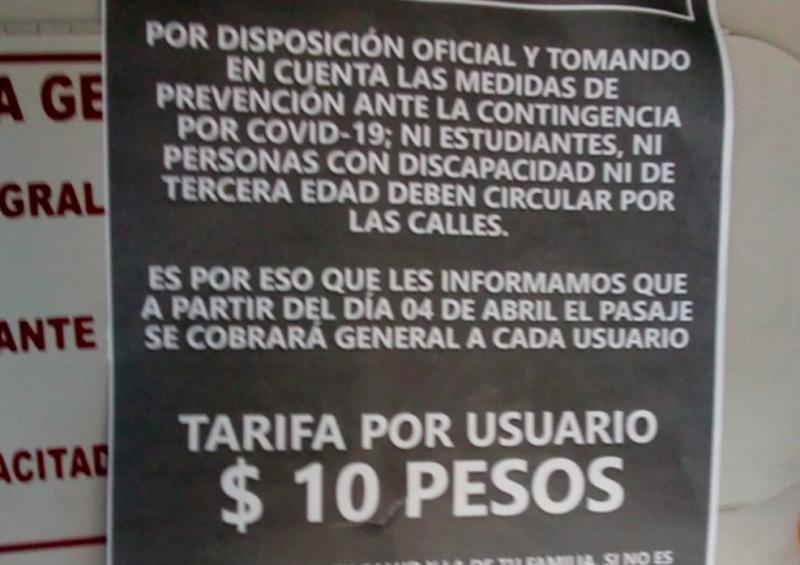 aviso 10 pesos Aplican tarifa general a todos los usuarios de transporte público